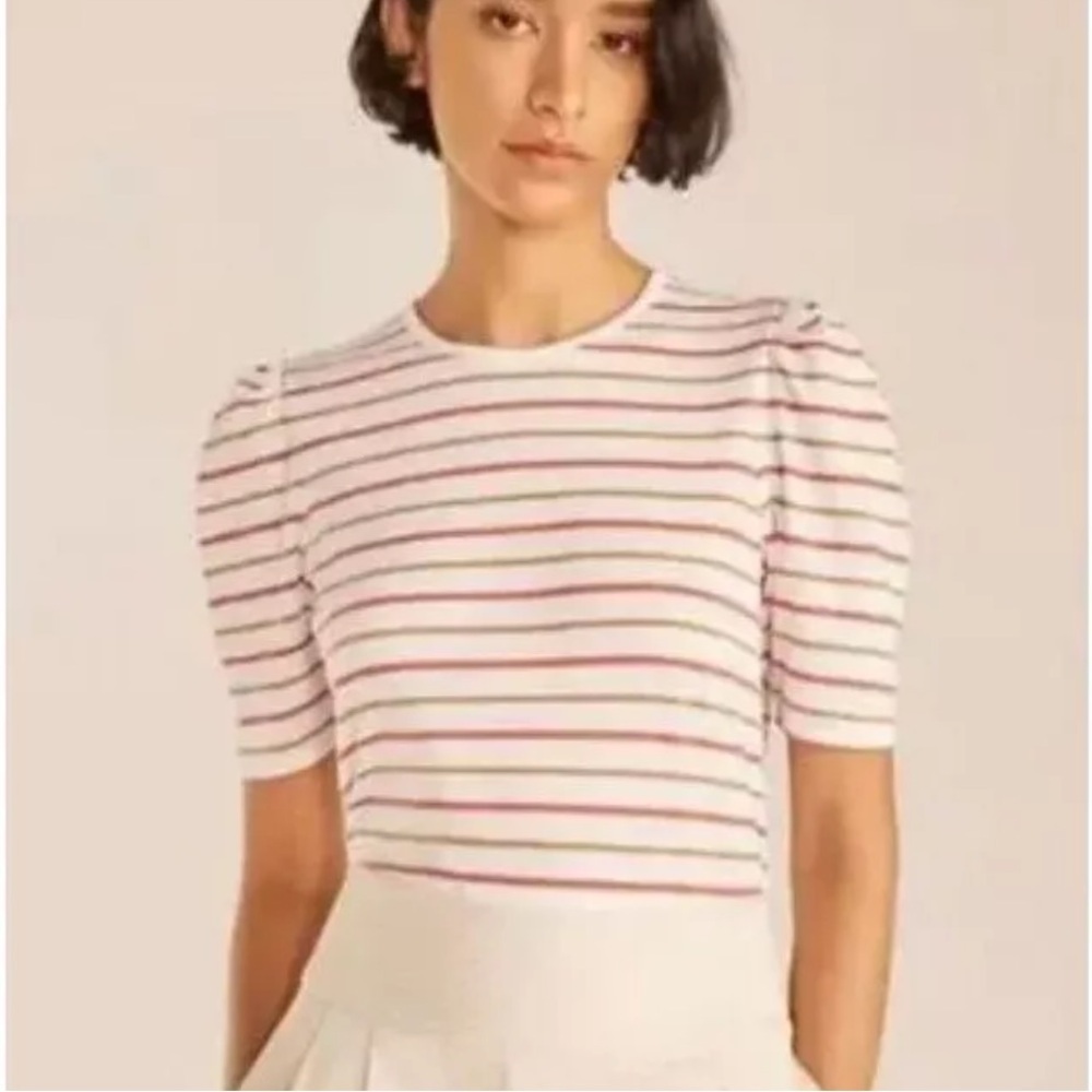 Rebecca Taylor A-Line White & Multicolor Striped Puff Sleeve T-Shirt